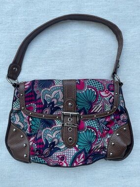 Genna DeRossi Teal Floral Satchel with Brown Trim